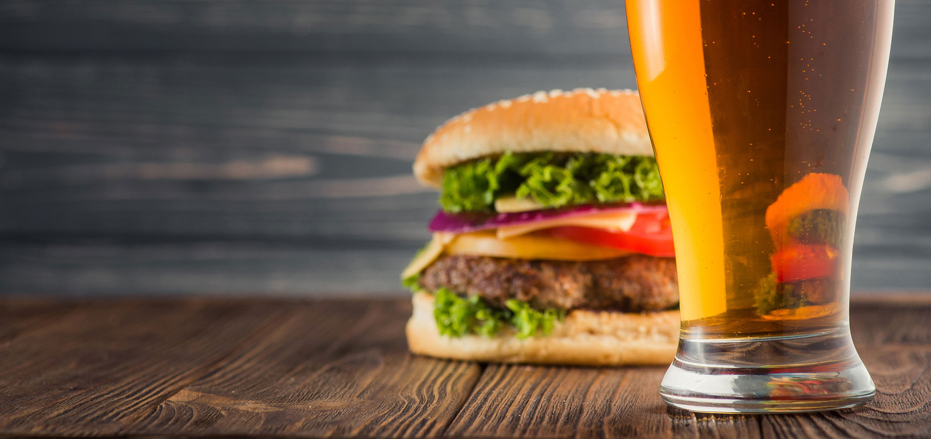 burger and a draft beer